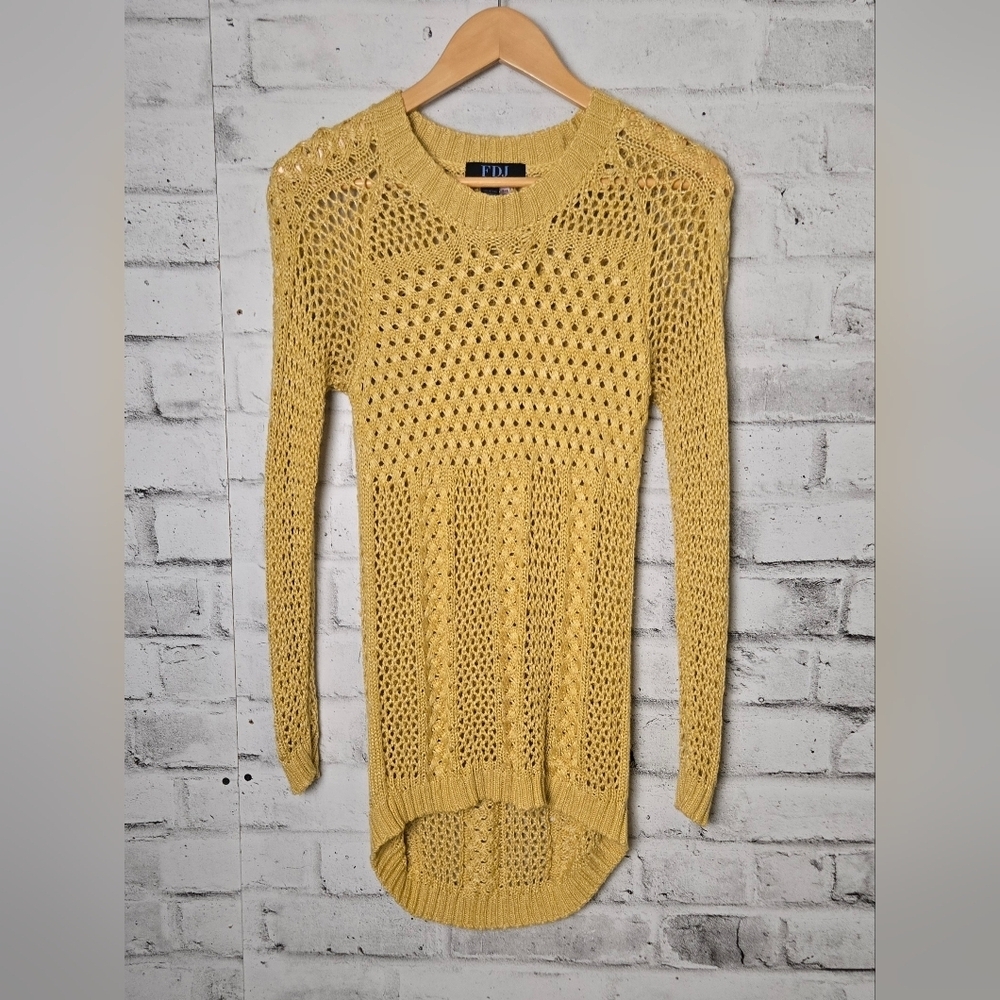 FDJ Open Knit Crochet Sweater Mustard Yellow Hi Low Tunic Small